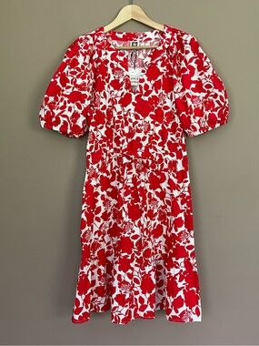 {Anne Klein} Short Puff Sleeve Floral Dress in Red & White - Womens 10 - NWT